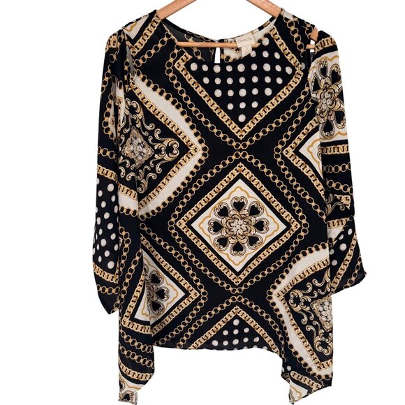 Chicos 2 Womens Black Gold Geometric Chain Print cold shoulder Blouse Size large - Picture 1 of 10